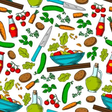 Vegetable salad seamless pattern with ingredients Stock Illustration