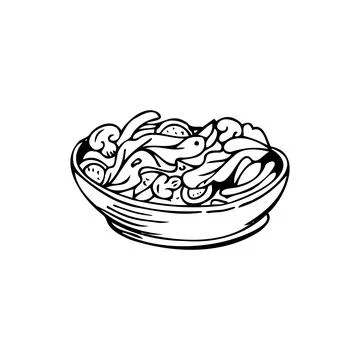 Vegetable salad thin black lines on white background - Vector Stock Illustration