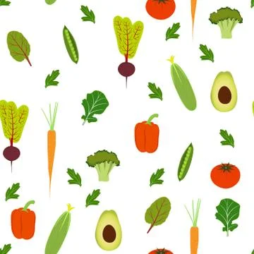 Vegetable seamless pattern. Avocado, cucumber, sweet pepper, tomato, peas, ca Stock Illustration
