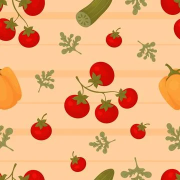 Vegetable seamless pattern. Bunches of red tomatoes with peppers and cucumbers Stock Illustration