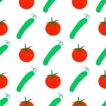Vegetable seamless pattern with cucumbers and tomatoes on a white background. Stock Illustration