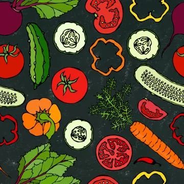 Vegetable Seamless Pattern with Cucumbers, Red Tomatoes, Bell Pepper, Beet, C Stock Illustration