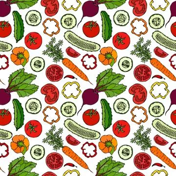 Vegetable Seamless Pattern with Cucumbers, Red Tomatoes, Bell Pepper, Beet, C Stock Illustration