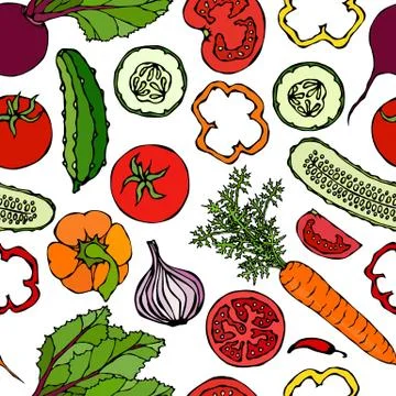 Vegetable Seamless Pattern with Cucumbers, Red Tomatoes, Bell Pepper, Beet, C Stock Illustration
