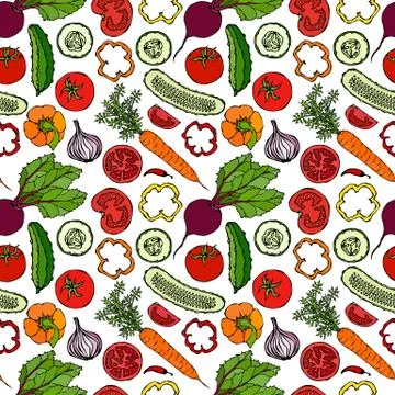Vegetable Seamless Pattern with Cucumbers, Red Tomatoes, Bell Pepper, Beet, C イラスト素材