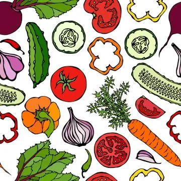 Vegetable Seamless Pattern with Cucumbers, Red Tomatoes, Bell Pepper, Beet, C Stockillustratie