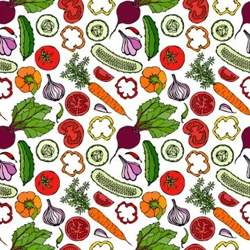 Vegetable Seamless Pattern with Cucumbers, Red Tomatoes, Bell Pepper, Beet, C Stockillustratie
