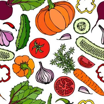 Vegetable Seamless Pattern with Cucumbers, Red Tomatoes, Bell Pepper, Beet, C Stock Illustration