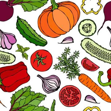 Vegetable Seamless Pattern with Cucumbers, Red Tomatoes, Bell Pepper, Beet, C Stockillustratie