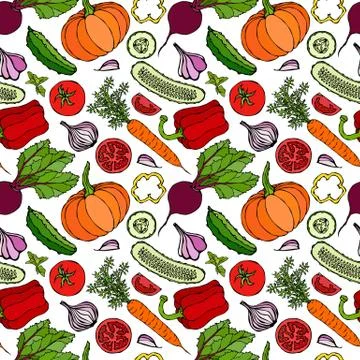Vegetable Seamless Pattern with Cucumbers, Red Tomatoes, Bell Pepper, Beet, C Stockillustratie