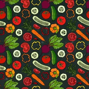 Vegetable Seamless Pattern with Cucumbers, Red Tomatoes, Bell Pepper, Beet, C Stock Illustration