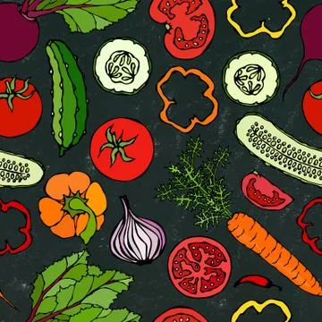 Vegetable Seamless Pattern with Cucumbers, Red Tomatoes, Bell Pepper, Beet, C イラスト素材