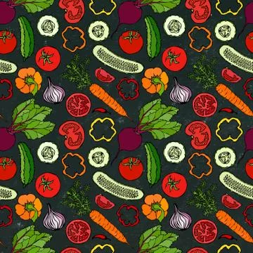 Vegetable Seamless Pattern with Cucumbers, Red Tomatoes, Bell Pepper, Beet, C Stock Illustration