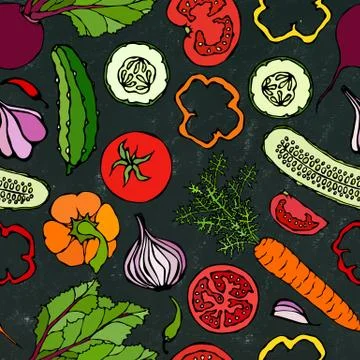 Vegetable Seamless Pattern with Cucumbers, Red Tomatoes, Bell Pepper, Beet, C イラスト素材