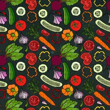 Vegetable Seamless Pattern with Cucumbers, Red Tomatoes, Bell Pepper, Beet, C Stockillustratie