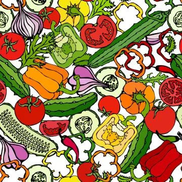 Vegetable Seamless Pattern with Cucumbers, Red Tomatoes, Bell Pepper, Beet, C Stock Illustration