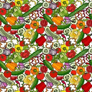 Vegetable Seamless Pattern with Cucumbers, Red Tomatoes, Bell Pepper, Beet, C Stockillustratie