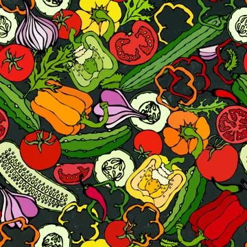 Vegetable Seamless Pattern with Cucumbers, Red Tomatoes, Bell Pepper, Beet, C Stockillustratie