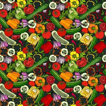 Vegetable Seamless Pattern with Cucumbers, Red Tomatoes, Bell Pepper, Beet, C Stockillustratie
