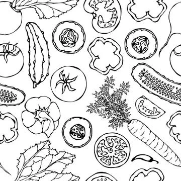 Vegetable Seamless Pattern with Cucumbers, Red Tomatoes, Bell Pepper, Beet, C Stock Illustration