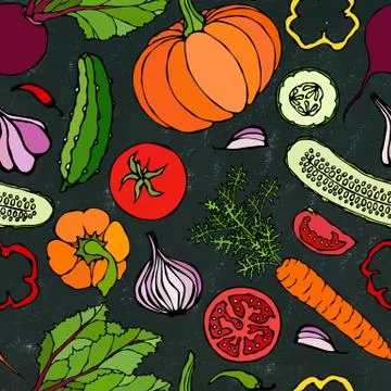 Vegetable Seamless Pattern with Cucumbers, Red Tomatoes, Bell Pepper, Beet, C イラスト素材
