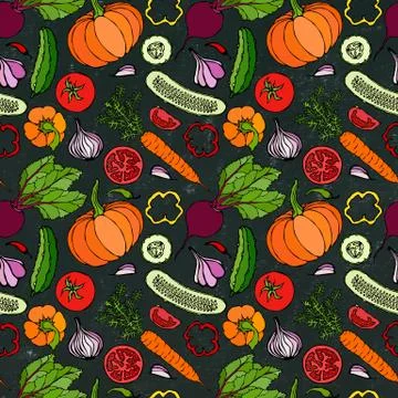 Vegetable Seamless Pattern with Cucumbers, Red Tomatoes, Bell Pepper, Beet, C Stockillustratie