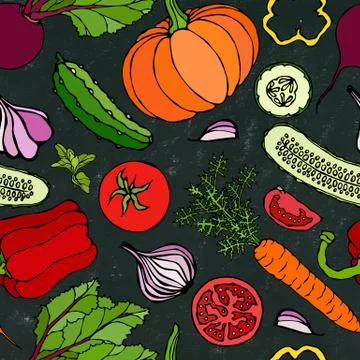 Vegetable Seamless Pattern with Cucumbers, Red Tomatoes, Bell Pepper, Beet, C Stockillustratie