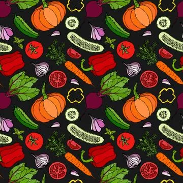 Vegetable Seamless Pattern with Cucumbers, Red Tomatoes, Bell Pepper, Beet, C Stockillustratie