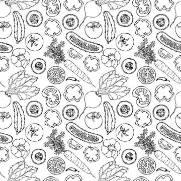 Vegetable Seamless Pattern with Cucumbers, Red Tomatoes, Bell Pepper, Beet, C Stock Illustration