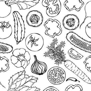Vegetable Seamless Pattern with Cucumbers, Red Tomatoes, Bell Pepper, Beet, C Stock Illustration