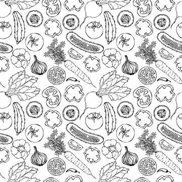 Vegetable Seamless Pattern with Cucumbers, Red Tomatoes, Bell Pepper, Beet, C Stock Illustration