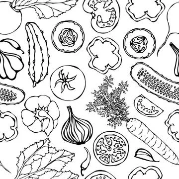 Vegetable Seamless Pattern with Cucumbers, Red Tomatoes, Bell Pepper, Beet, C Stockillustratie
