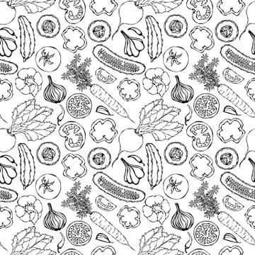 Vegetable Seamless Pattern with Cucumbers, Red Tomatoes, Bell Pepper, Beet, C Stockillustratie