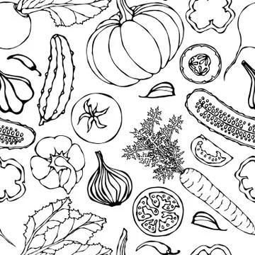 Vegetable Seamless Pattern with Cucumbers, Red Tomatoes, Bell Pepper, Beet, C Stockillustratie