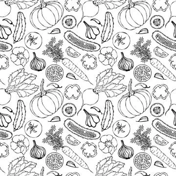 Vegetable Seamless Pattern with Cucumbers, Red Tomatoes, Bell Pepper, Beet, C Stock Illustration