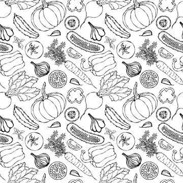 Vegetable Seamless Pattern with Cucumbers, Red Tomatoes, Bell Pepper, Beet, C Stockillustratie