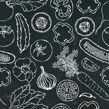 Vegetable Seamless Pattern with Cucumbers, Red Tomatoes, Bell Pepper, Beet, C Stock Illustration