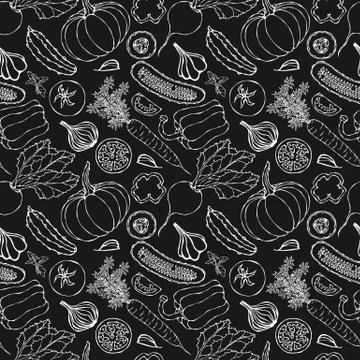 Vegetable Seamless Pattern with Cucumbers, Red Tomatoes, Bell Pepper, Beet, C Stock Illustration