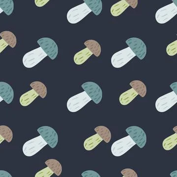 Vegetable seamless pattern with doodle mushroom elements. Navy blue backgroun 스톡 일러스트
