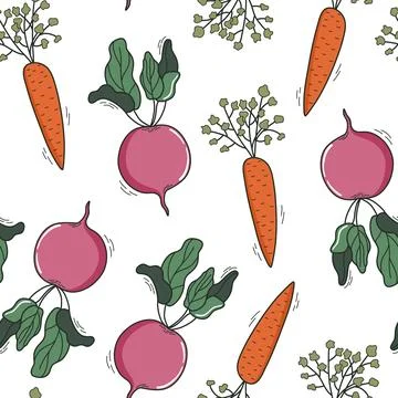 Vegetable seamless pattern. Doodle style carrot and beetroot background. Stock Illustration