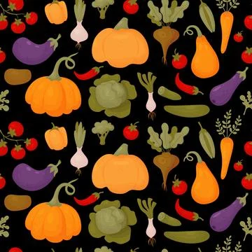 Vegetable seamless pattern. Fresh organic tomatoes, pumpkin, eggplant, peppers 스톡 일러스트