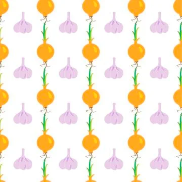 Vegetable seamless pattern with garlic and onion on a white background.  Stock Illustration