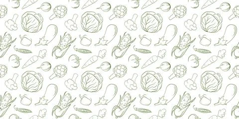 Vegetable seamless pattern in hand drawn line art style. Perfect for coloring Stock Illustration