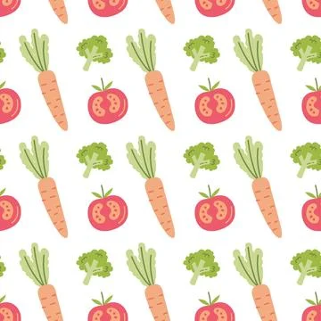 Vegetable seamless pattern with hand drawn carrot tomato and broccoli for Stock Illustration