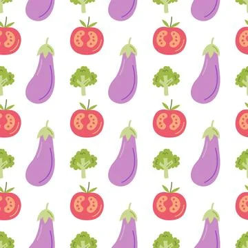 Vegetable seamless pattern with hand drawn eggplant tomato and broccoli for Stock Illustration