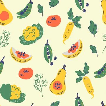 Vegetable Seamless pattern. Healthy nutrition cartoon texture. Tomato, daikon Stock Illustration