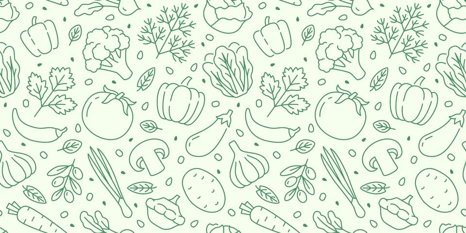 Vegetable seamless pattern with line icons of pepper, broccoli, tomato, eggplant Stock Illustration