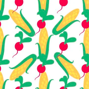 Vegetable seamless pattern with radish and corn on a white background.  Stock Illustration