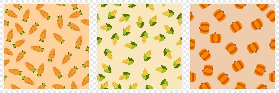 Vegetable seamless pattern set. Carrot, corn and pumpkin. Design elements f.. Stock Illustration