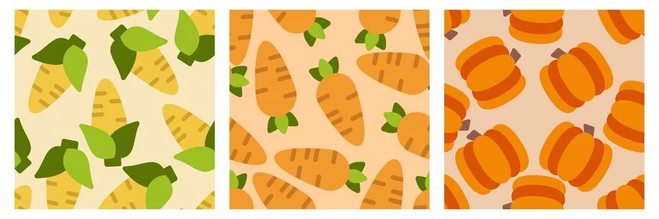 Vegetable seamless pattern set. Carrot, corn and pumpkin. Design elements f.. 스톡 일러스트
